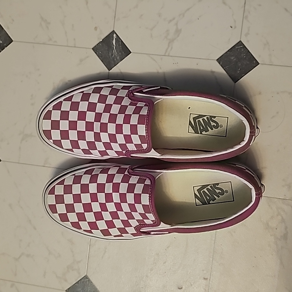 Pink and White Checkered Slip on Vans. Women's size 10, men's size 8.5
